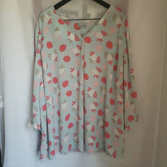 Catherines Women's 3/4 Sleeve Blouse V-Neck Business Casual Blue Pink Floral 3X - Picture 1 of 11